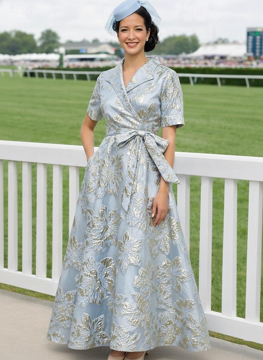 A-Line Ankle Length Wedding Guest Dress Mother of the Bride Dress Short Sleeve Lapel Elegant Vintage Sparkle & Shine Formal Wedding Guest Kentucky Derby Organza Jacquard with Floral Print Sequin 2026 - $164.69 –P1