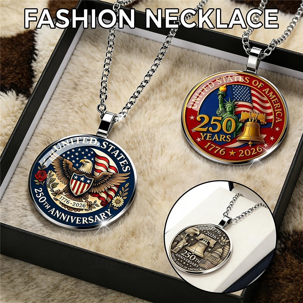 3-delige kettingenset ter ere van het 250-jarig bestaan van de VS – hanger met 2D-adelaar en Amerikaanse vlag, patriottisch herdenkingssieraad, verzamelobject 1776-2026, Independence Day, 4 juli, cadeau om trots op de VS te zijn 2026 - $9.99 –P5