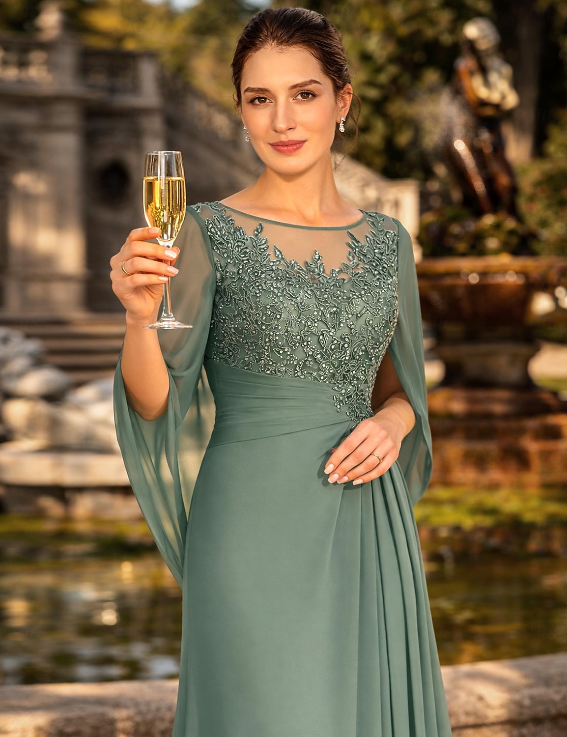 Ołówkowa Kolumnowa Sukienki Sięgająca podłoża Sukienka dla gościa weselnego Suknia Suknia wieczorowa Sukienka dla matki panny młodej Rękaw 1/2 Zaokrąglony Elegancja Formalny Szyfon z Koronka Z 2026 - $208.99 –P2