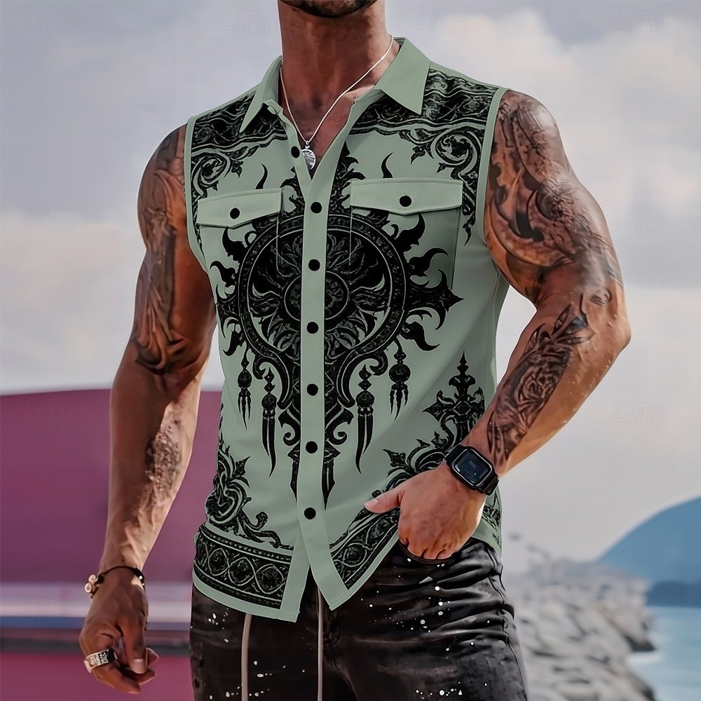 Herren Barock- Schnörkelwerk Komplizierte Blumen Hemd Knopfhemd Ärmelloses Shirt Ärmellos Gothic Style Vintage-Retro Outdoor Lässig Sommer Frühling Umlegekragen 3D-Druck Zwei Fronttaschen Blau Wei 2026 - $25.99 –P4