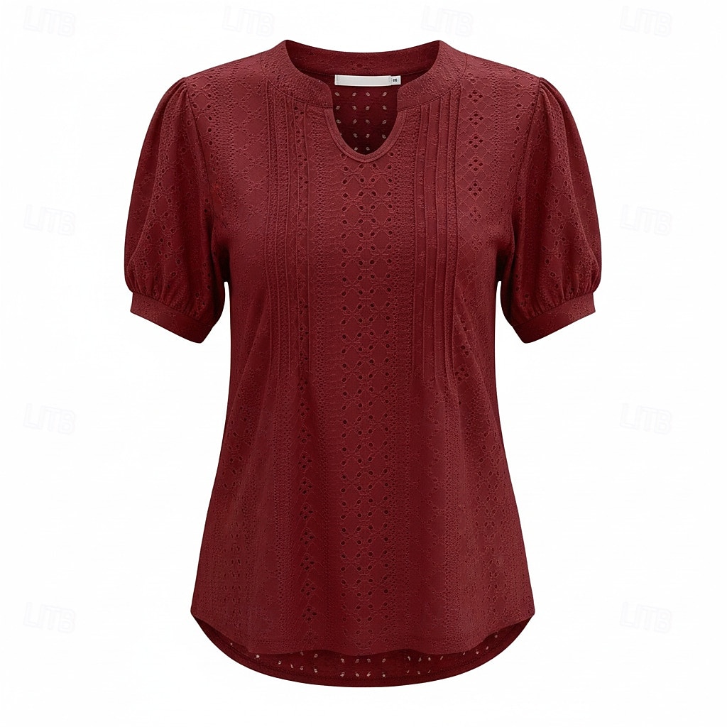 Dam Skjorta Pointelle-skjorta Ögonlock Blus Ögla Slät Stylish Klassisk Modern Kortärmad V-hals Vanliga toppar Ledigt Dagligen Strand Vit Vin Marinblå Ros rosa Sommar Vår 2026 - $24.99 –P1