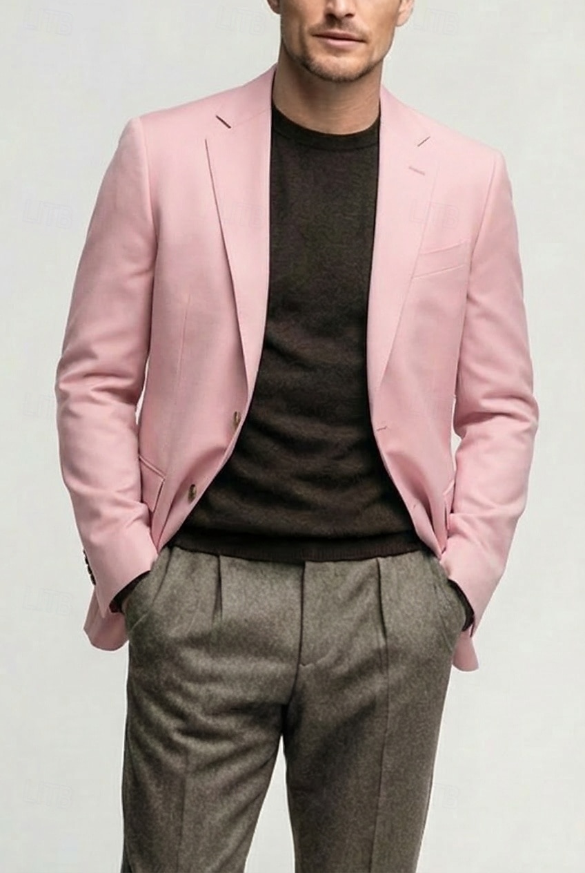 Herre Lett jakke Blazer i lin Avslappet Daglig Gateklær Mote Smart Casual Sommer Vår Bomull POLY Helfarge Mote Enkelt Brystet To-knapp Blazer Rosa Himmelblå Beige 2026 - $68.99 –P1