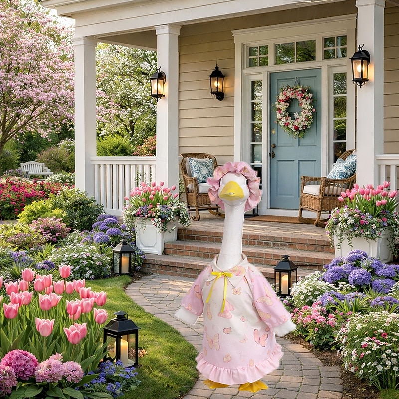 Pink Butterfly Porch Goose Outfit with Bonnet, Ruffled Goose Clothes for 23-25" Concrete Garden Goose Statue, Spring Summer Outdoor Yard Decor, Outfit Only, Goose Not Included 2026 - $19.99 –P2