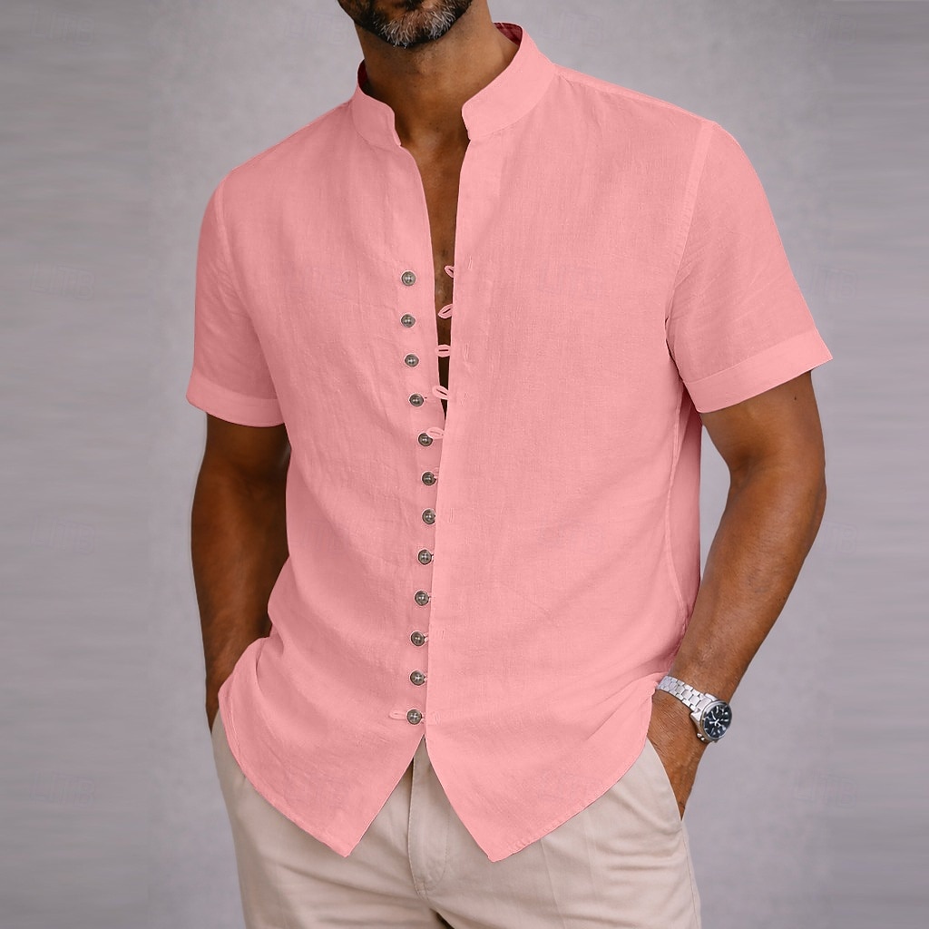 Per uomo Camicia Camicia di lino Camicia Estiva Abbigliamento da spiaggia Camicia con Bottoni Semplice Casuale Spiaggia Blu Nero Bianco Rosa Manica Corta Collo alla coreana Estate Primavera & Estate del 2026 a $23.99 –P9