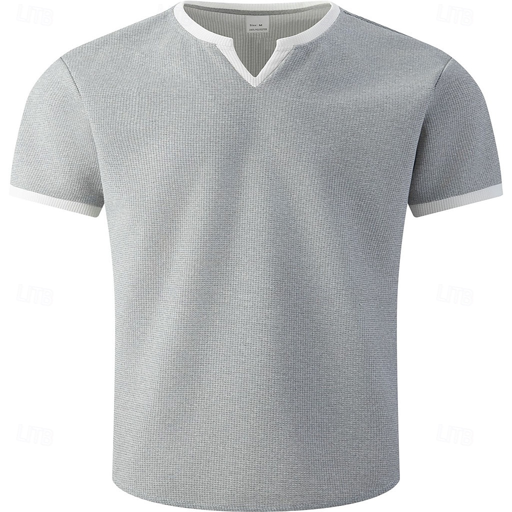 2026年 男性用 ワッフルTシャツ Tシャツ 半袖シャツ ティートップ 半袖 Ｖネック 夏 春 純色 ストリートファッション スタイリッシュ カジュアル パッチワーク 日常 アウトドア ストリートウェア ワイン メンズトップTシャツ  コレクション – $18.99 –P7