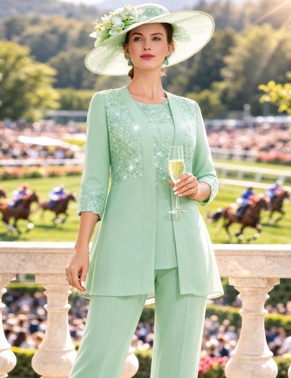 Overall Hosenanzug Dreiteilig Bodenlang Brautmutterkleid Dreiviertelarm Rundausschnitt Elegant Formell Hochzeitsgast Chiffon Spitze Paillettenbesetzt mit Spitze Paillette 2026 - $206.99 –P4