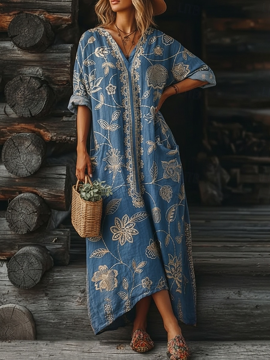 Dame Maxikjole Boho-kjole Uformell kjole Print kjole Årgang utendørs Feriereise Helg Løstsittende Blomstret Grafisk Langermet V-hals Blå Vin Lilla Grønn Sommer Vår Høst 2026 - $37.99 –P2