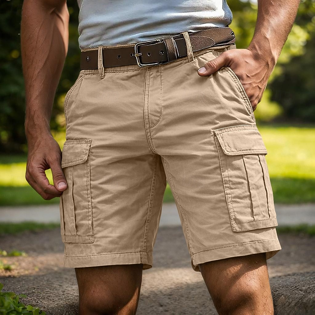 Homens Calças de carga Bermuda Cargo Calção Shorts casuais Bolsos Cintura elástica Vários bolsos Tecido Cor Única Comprimento do joelho Casual Ao ar livre Streetwear Moda Roupa de rua Azul Céu Preto de 2026 por $29.99 –P2