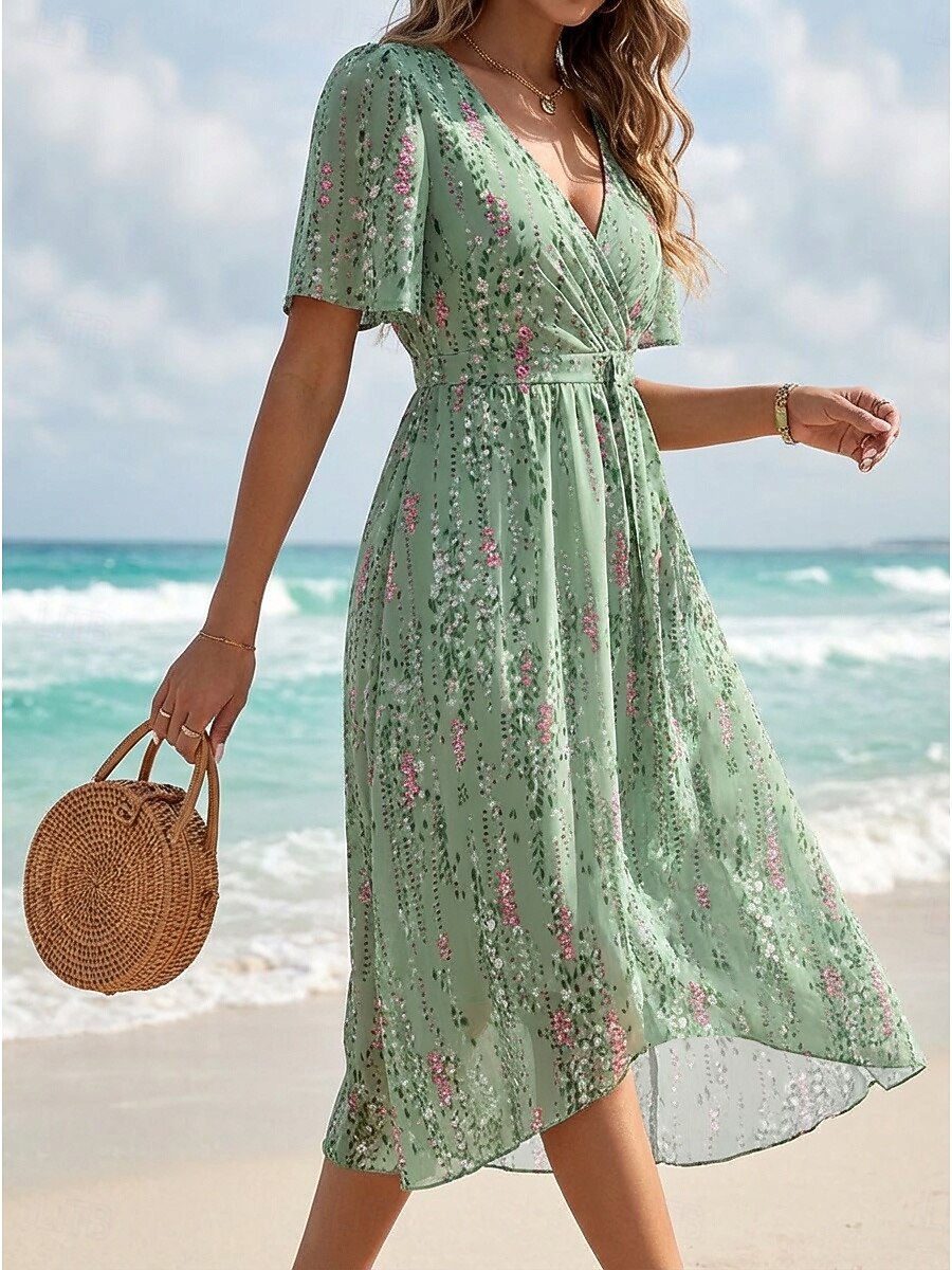 light green boho dress Women's Midi Dress Beach Dress Floral Dress Fashion Modern Vacation Holiday Regular Fit Flower Short Sleeve V Neck Blue Red Navy Blue Summer 2026 bohemian green boho dress