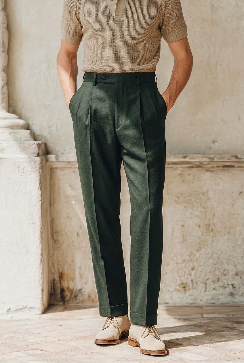 army green dress pants Men's Cotton Linen Casual Pants Business Office Formal Style Classic Casual Daily Black Dark Navy Solid Color Tailored Fit Long Inelastic 2026 what to wear with green pants male