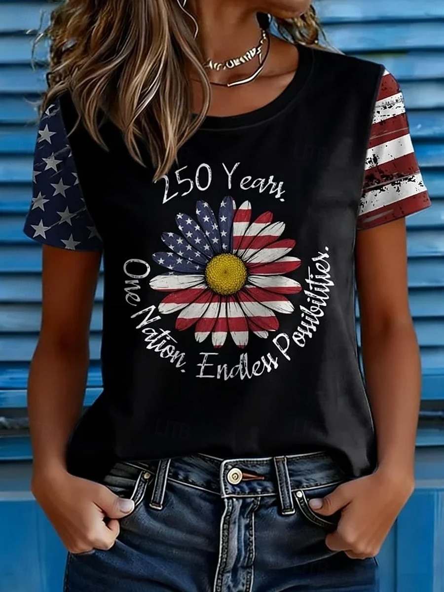 Giorno dell'Indipendenza Americana Per donna Maglietta Stampato Grafico Bandiera Bandiera Americana Vintage Elegante Classico Manica Corta Girocollo Top Regolari Quotidiano Nero Estate Primavera del 2026 a $21.99 –P1