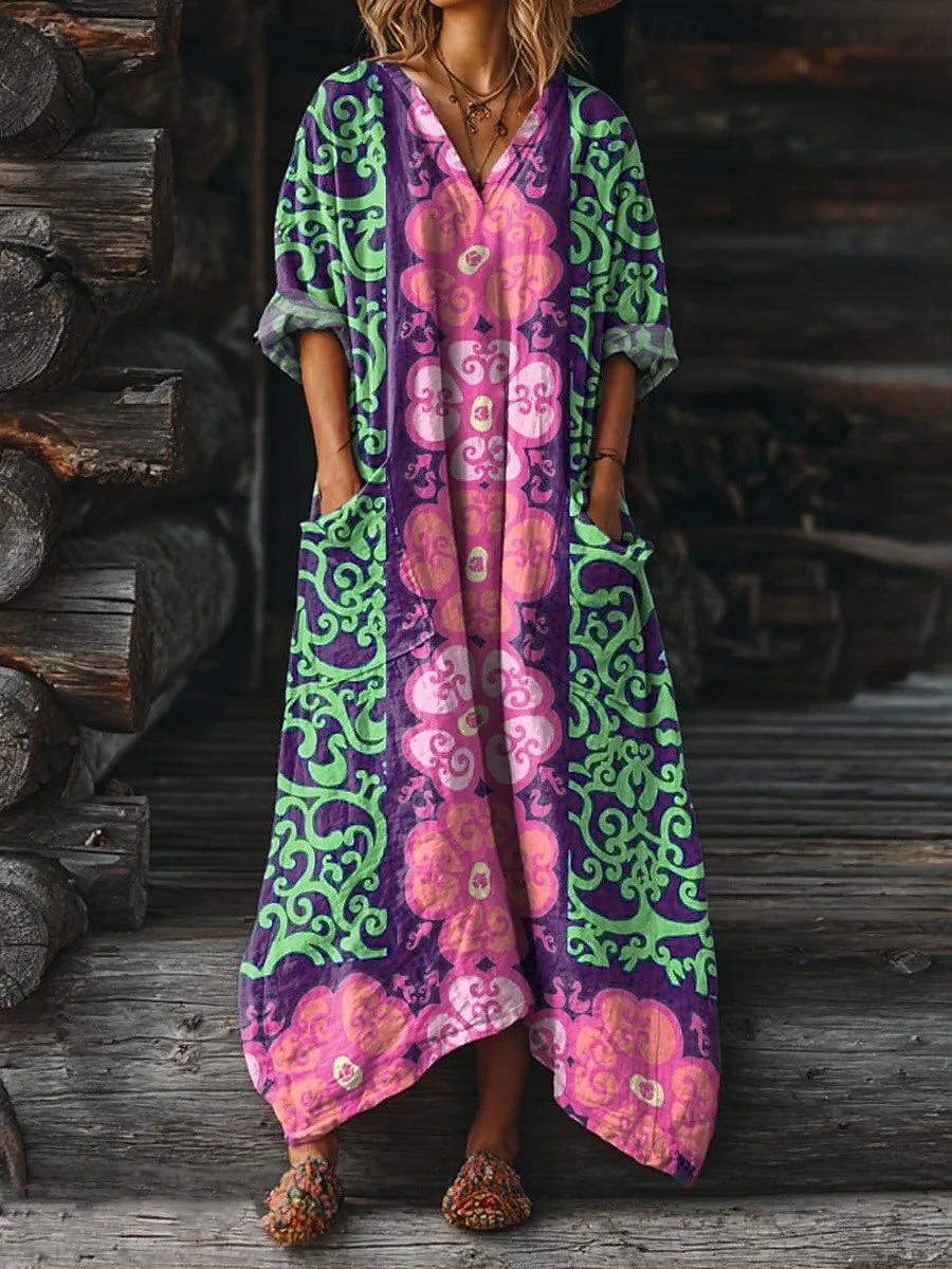 Women's Maxi Dress Boho Dress Casual Dress Print Dress Vintage Outdoor Vacation Weekend Loose Fit Floral Graphic Long Sleeve V Neck Blue Purple Summer Spring Fall 2026 - $37.99 –P4