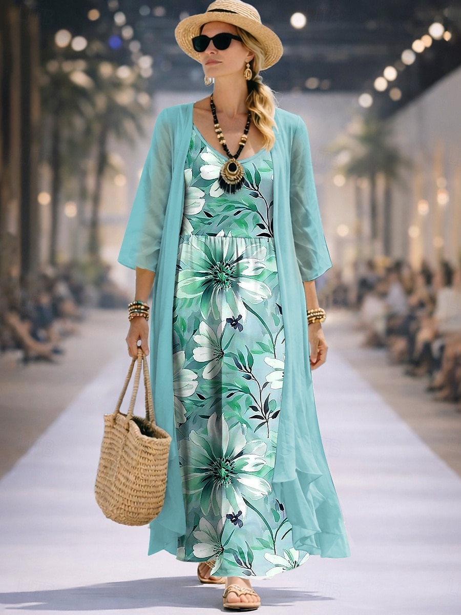 Mujer Conjunto de vestido Vestido de una línea Elegante Vacaciones Floral Graphic Multi capa Estampado Vestido maxi Manga 3/4 Escote en Pico Diario Fiesta Azul Piscina Rosa Morado Verano Primavera 2026 - $51.99 –P2