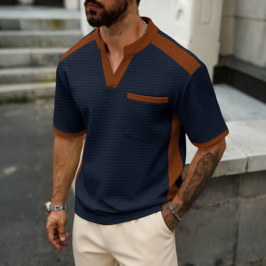 Hombre Camiseta con diseño de gofre Camiseta Camisa manga corta Camiseta superior Manga Corta Escote en Pico Verano Primavera Bloque de color Ropa de calle Elegante Casual Bloque de Color Bolsillo 2026 - $21.99 –P3