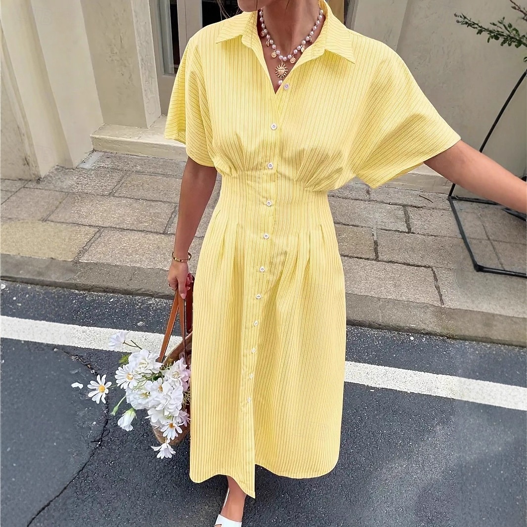 Dam Midiklänning Vardagsklänning A linjeklänning Elegant Strand Normal Grafisk Rand Kortärmad Tröjkrage Blå Gul Rodnande Rosa Grå Sommar Vår 2026 - $44.99 –P7