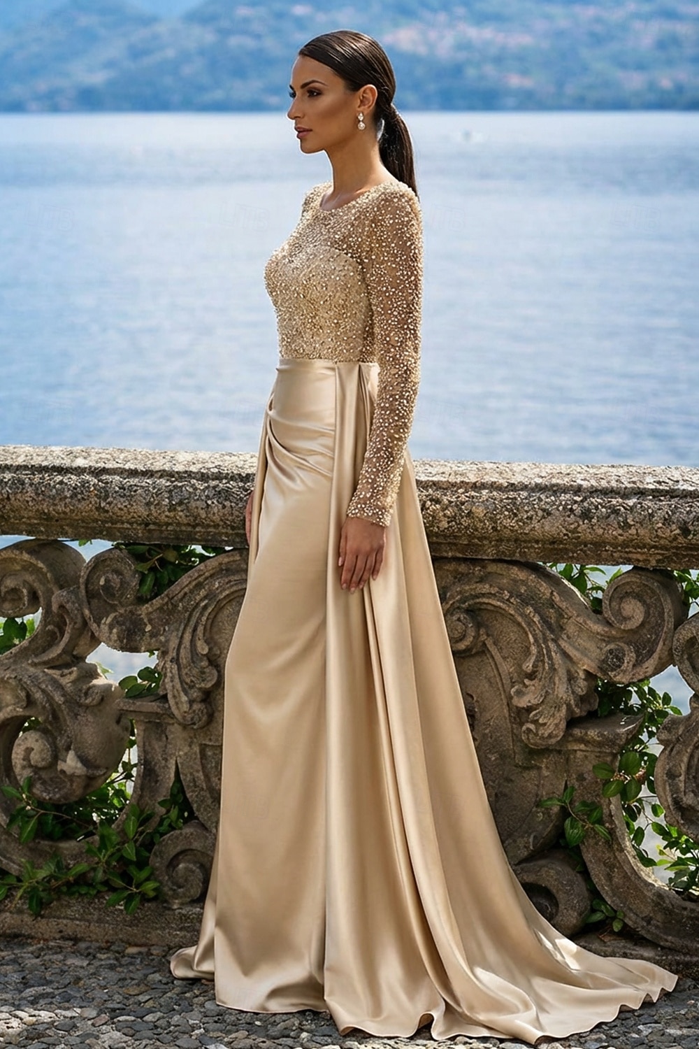 Mermaid Trumpet Floor Length Evening Gown Elegant Sparkle & Shine Long  Sleeve Illusion Neck Carnival Masquerade Champagne Mother Of the Bride Dress  Satin Sequined with Pearls Overskirt 2026 - CAD $256.99