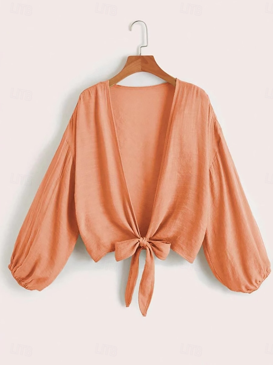 Per donna Camicia Blusa Nodo frontale Patchwork Semplice Attivo Vacanza Vintage Manica Lunga Scollo a V Top Regolari Quotidiano Spiaggia Ferie Nero Bianco Arancione Cachi Estate Primavera del 2026 a $17.49 –P5