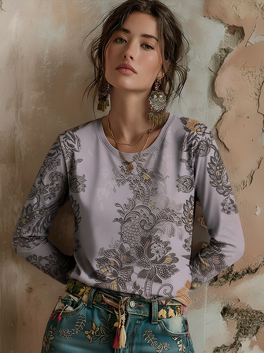 Dames T-shirt Afdrukken Grafisch Planten Bohemen Vintage Casual Lange mouw Strakke ronde hals Normale tops Dagelijks Weekend Vakantiekleding blauw Zwart Blozend Roze Paars Oranje Zomer Lente Herfst 2026 - $24.99 –P1