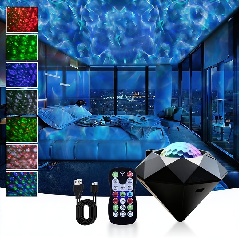 nuovo bestseller trendy lampada laser a cielo stellato per camera da letto, dormitorio, testiera del letto, proiettore romantico e sognante con effetto increspature d'acqua e proiezione di diamanti, luce USB decorativa per atmosfera, luce notturna a LED del 2026 a $28.99 –P4
