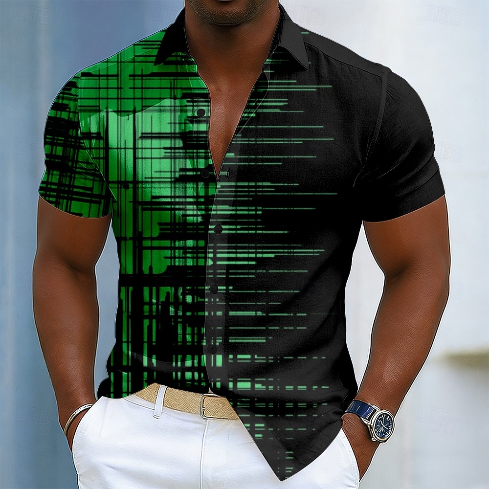 Bărbați Geometric Γραμμή Artă abstractă Cămașă Camașă cu nasturi Manșon scurt Moda Casual Zilnic În aer liber Vacanță Vară Primăvară Răsfrânt Imprimare 3D Cămașă de in Negru / Verde Negru și Albastru 2026 - $25.99 –P3