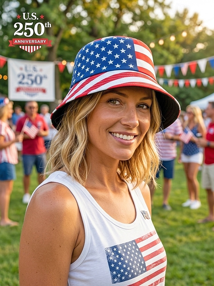 Patriotisk, trykt polyester bøttehatt for kvinner, solhatt med bred brem, til 250-årsjubileum, uavhengighetsdag, fritidsklær og reiseferie 2026 - $11.99 –P2