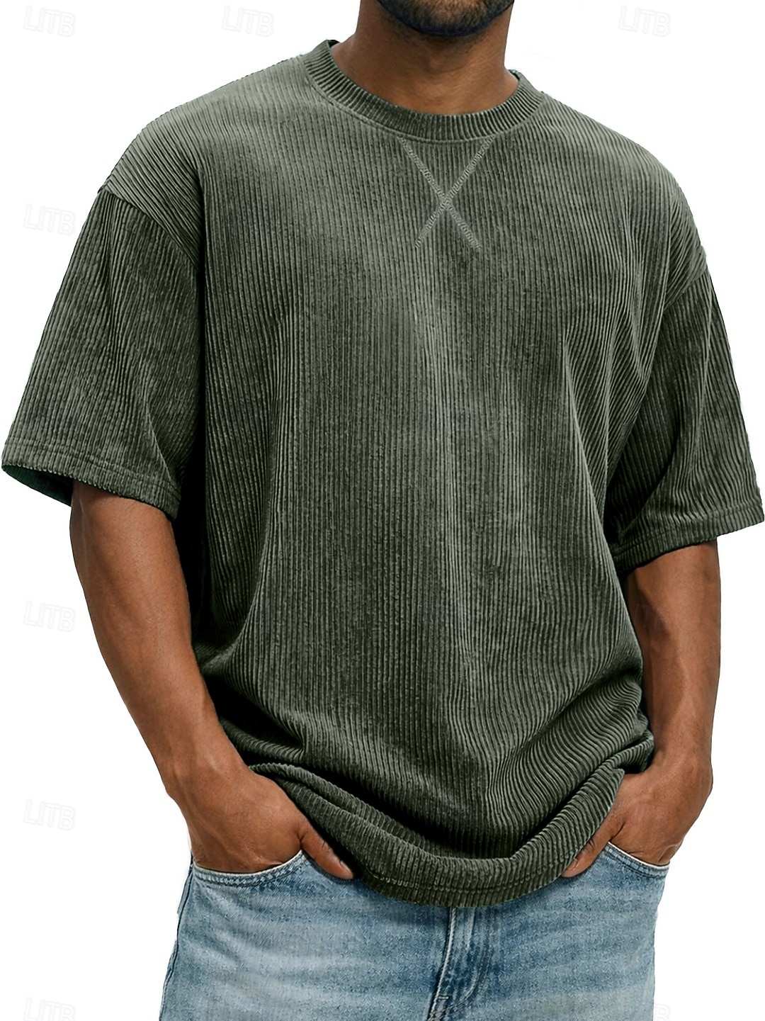 Herren T Shirt Cordhemd T-Shirt Kurzarm Rundhalsausschnitt Sommer Frühling Einfarbig Gestreift Grubenstreifen Mode Basic Weich Kord Urlaub Straße Alltagstauglich Schwarz Weiß Hellgrün Top T-Shirt für 2026 - $20.99 –P1