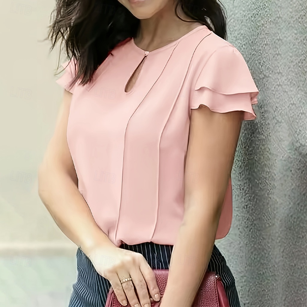 Жен. Рубашка Блуза Пэчворк Пуговицы Сплошной цвет Элегантный стиль Мода Повседневные С короткими рукавами Вырез под горло Обычные топы Уличная одежда Офис 2026 - $21.99 –P5