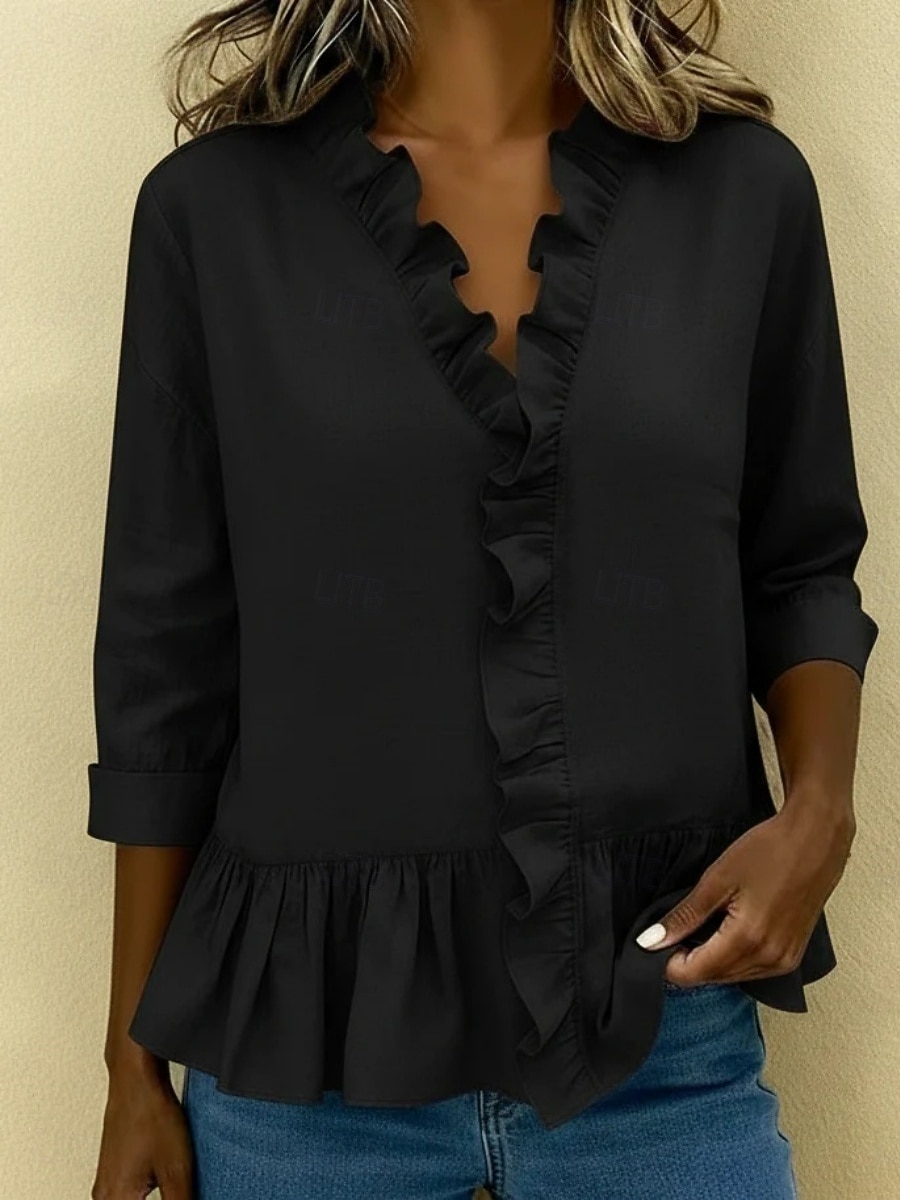 Per donna Camicie effetto lino Blusa Camicia di cotone Volant Tinta unica Quotidiano Elegante Essenziale Manica 3/4 Scollo a V Top Regolari Quotidiano Blu Nero Bianco Cachi Rosso Estate Primavera del 2026 a $24.99 –P7