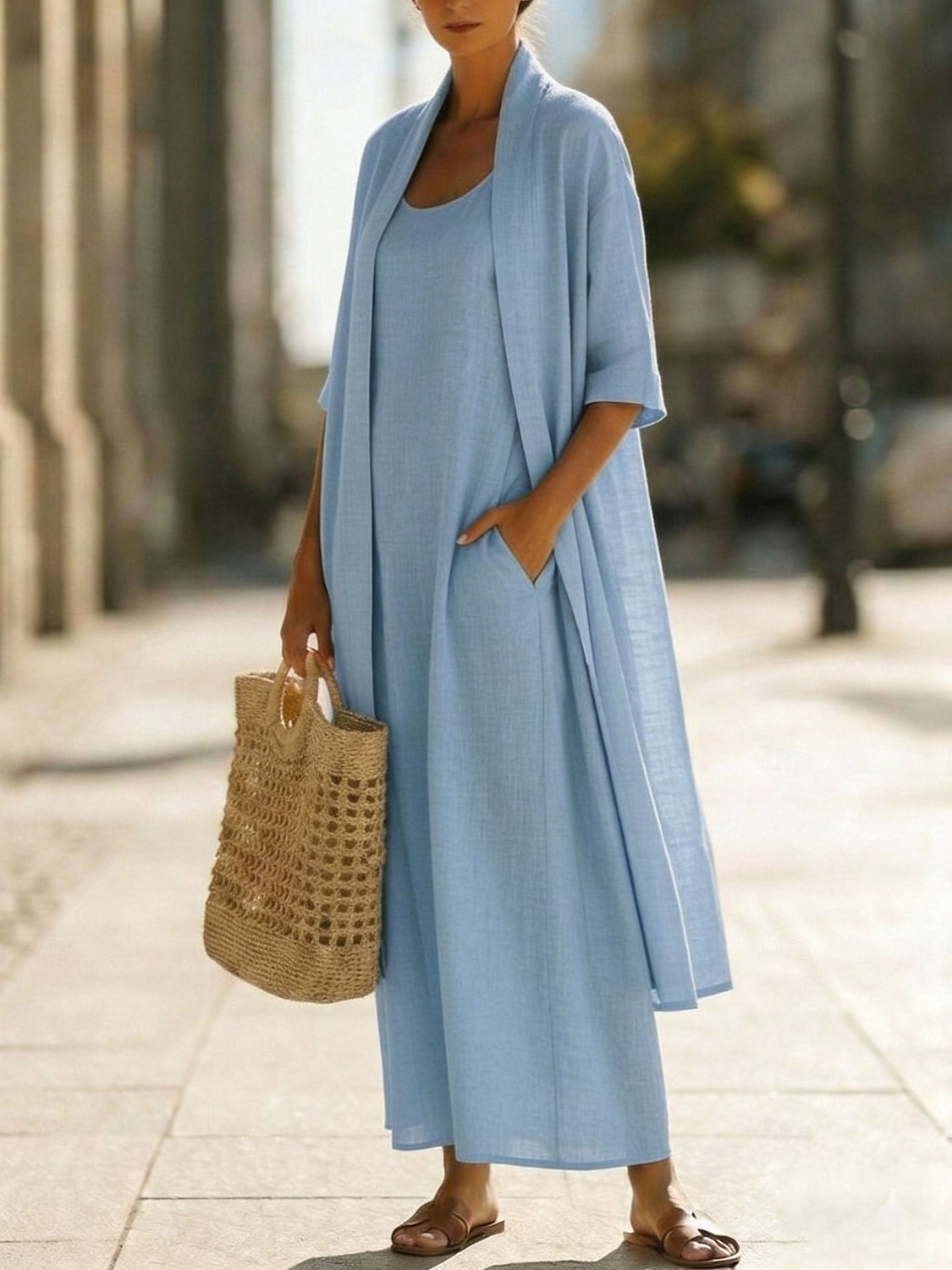 Women's Dress Set Shift Dress Elegant Plain Pocket Maxi Dress 3/4 Length Sleeve Crew Neck Daily Outdoor Blue White Pink Summer Spring Loose Fit 2026 - $51.99 –P4
