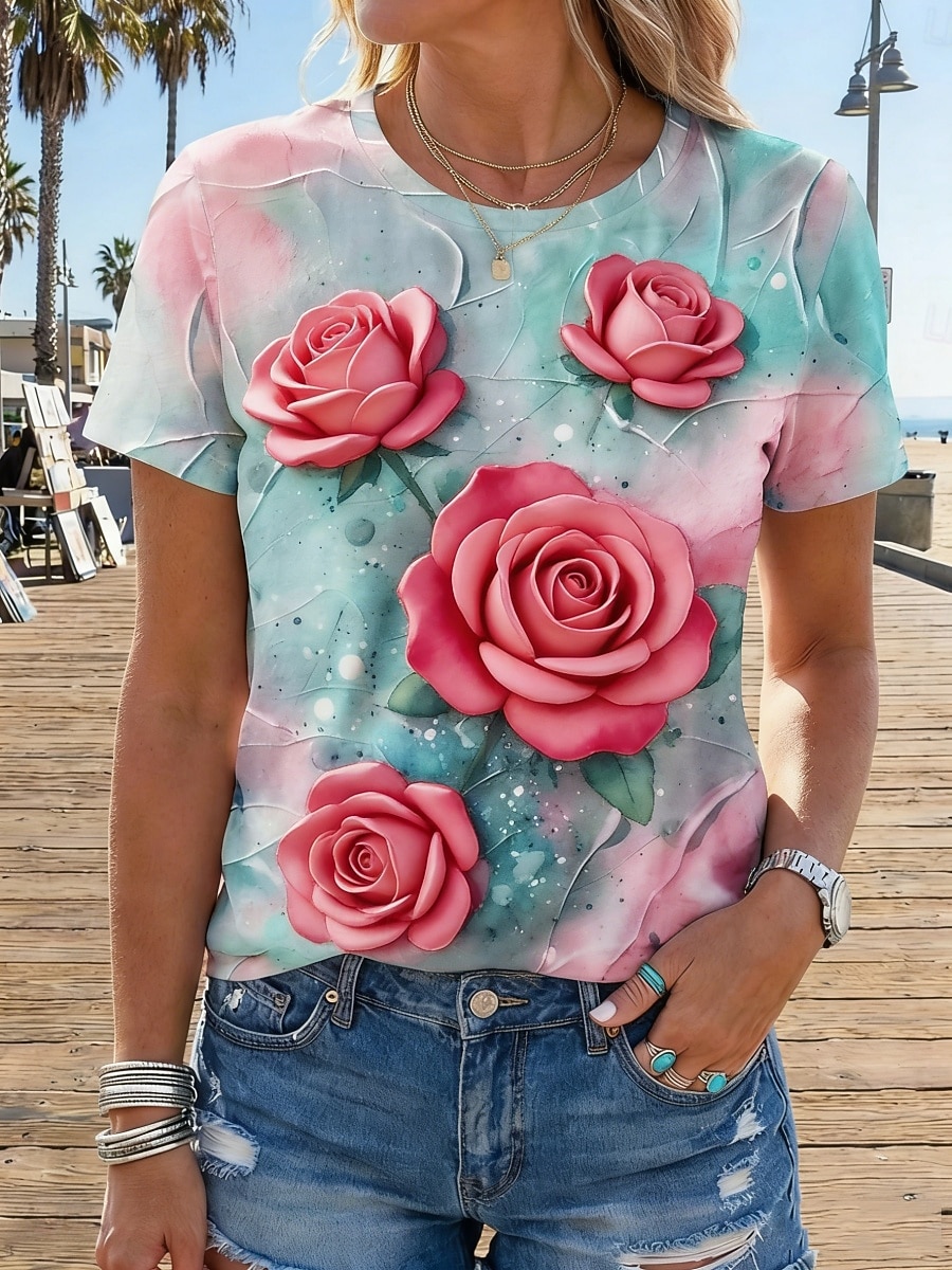 Mujer Camiseta Camiseta superior Estampado Floral Graphic Elegante Clásico Casual Manga Corta Cuello Barco Tops regulares Diario Noche Ropa de playa Azul Piscina Rosa Verano Primavera 2026 - $19.49 –P1