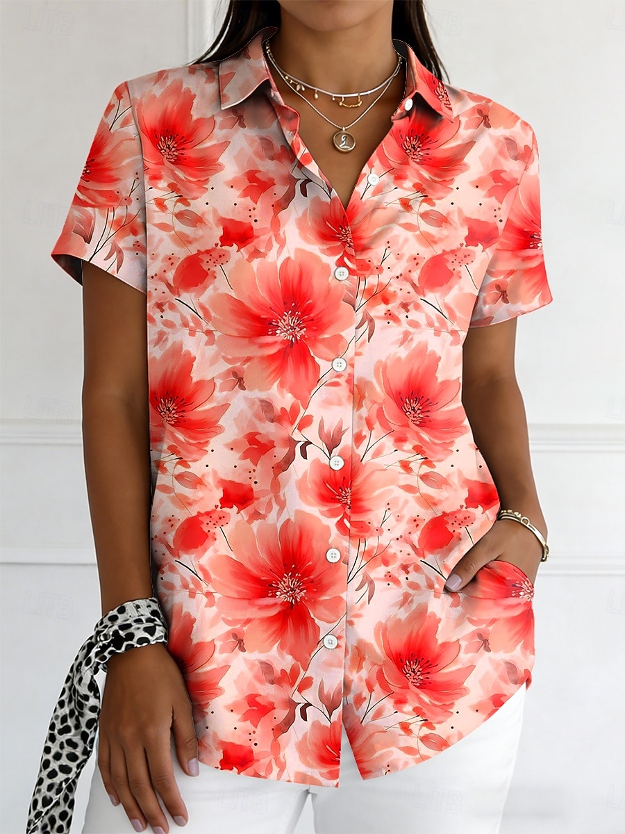 Damskie Koszula Guziki Nadruk Kwiaty Graficzny Zabytkowe Elegancki Nowoczesny Krótki rękaw Kołnierzyk koszuli Zwykłe topy Codzienny Niebieski Czerwony Fioletowy Pomarańczowy Lato Wiosna 2026 - $26.99 –P3