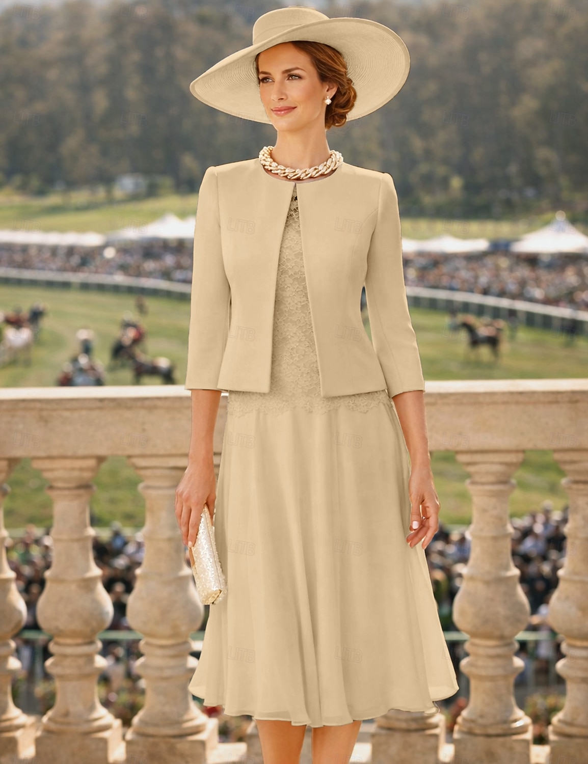 Due Pezzi Tubino Colonna Lunghezza al ginocchio Abito da invitata a nozze Abito da cerimonia per signora Manica 3/4 Collo gioiello Elegante Ospite di nozze Chiesa Chiffon Raso Pizzo Abiti Corti con del 2026 a $183.99 –P7