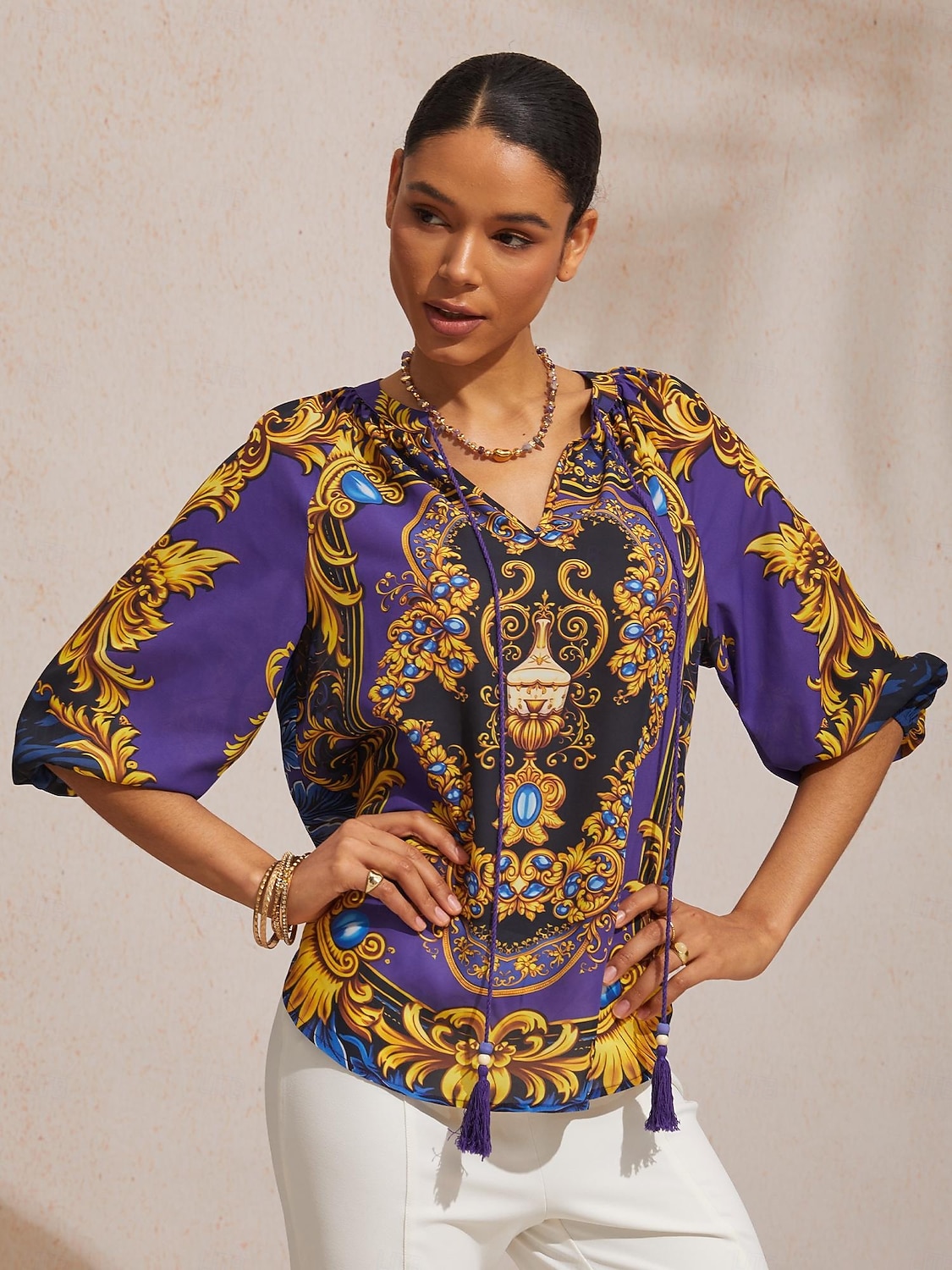 Топ из барочного шифона темно-синего цвета с рукавами 3/4 2026 - $67.99 –P11