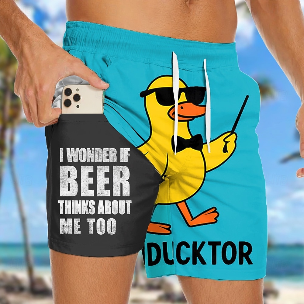 Homme Canard Argot drôle animaux de dessin animé Short doublé Short de bain 2 en 1 Shorts de bain Taille Moyenne Hawaïen Vacances à la Plage Poches Latérales Avec doublure de compression Taille de 2026 ? $22.99 –P1