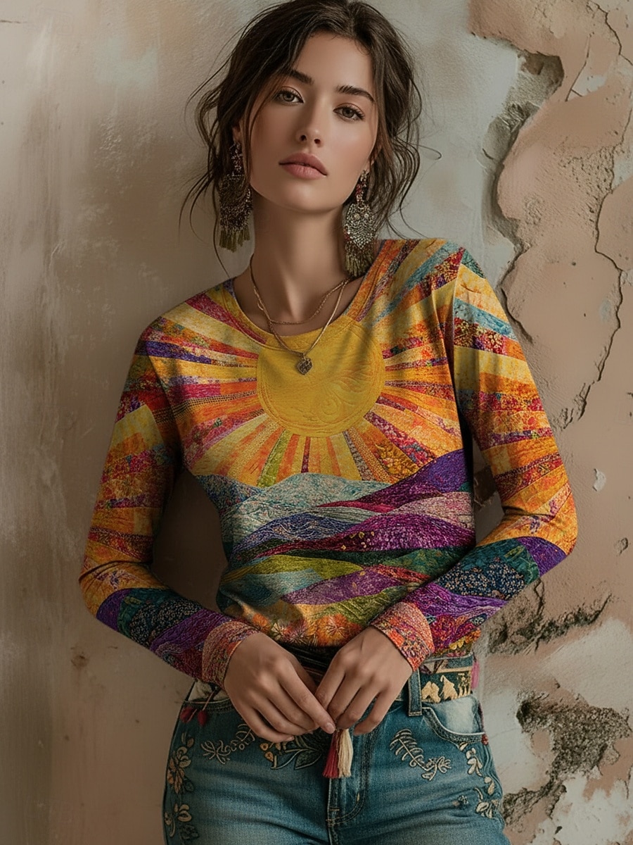 Maglietta da donna in stile vichingo, stampa floreale, grafica, bohémien, vintage, casual, manica lunga, girocollo, normale, da indossare tutti i giorni, weekend e vacanze, arancione, estate, del 2026 a $24.99 –P2