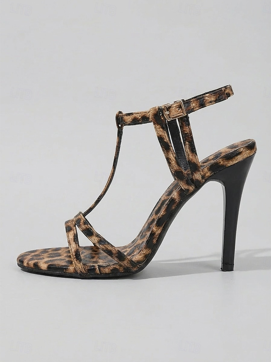 Damessandalen met luipaardprint en stilettohak, met T-bandje, sexy feestschoenen met hoge hakken voor het uitgaansleven, open teenschoenen met hakken voor in de club of cocktailparty. 2026 - $42.99 –P2