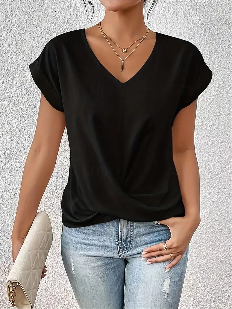 Per donna Maglietta Arricciato Semplice Moda Elegante Classico Manica Corta Scollo a V Top Regolari Quotidiano Uscire Weekend Blu Nero Bianco Vino Rosso Estate Primavera del 2026 a $19.99 –P6