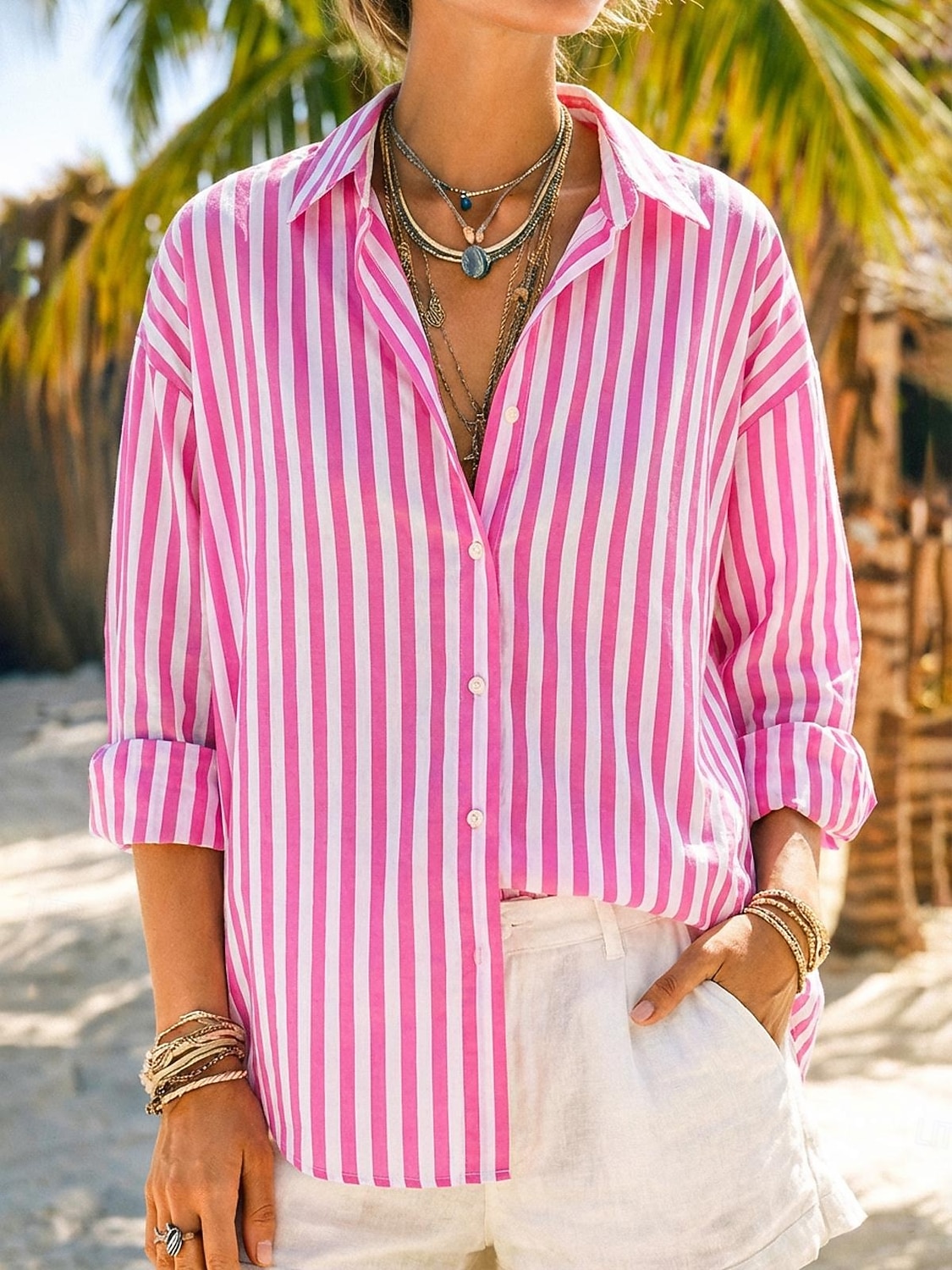 Dames Overhemd Overhemden met linnenlook Button-down overhemd Blouse Gestreept Stijlvol Klassiek Modern Lange mouw Revers Normale tops Dagelijks Feestdagen Uitgaan blauw Geel Blozend Roze Rood 2026 - $29.99 –P13