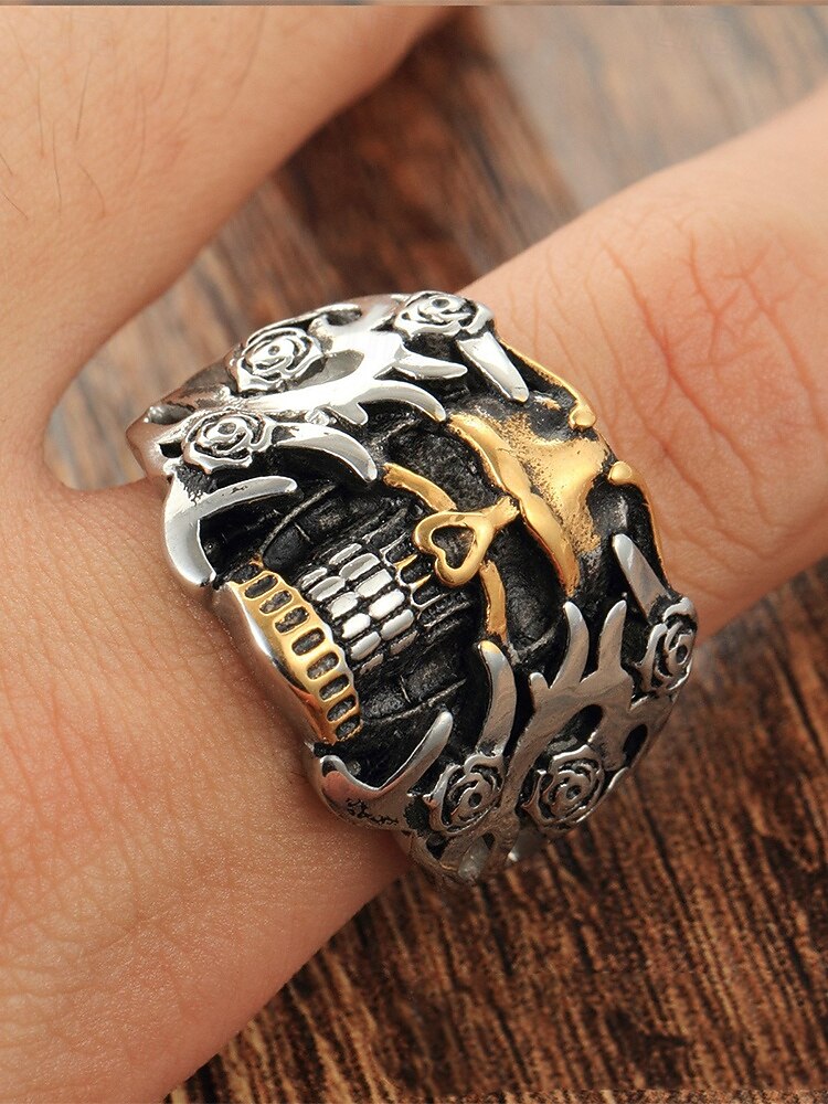 2026年 メンズ ステンレススチール ゴシック スカル リング、マルチサイズ バイカー パンク ステートメント バンド、花柄ディテール、カジュアルウェア、旅行、休暇、ハロウィン スタイリングに最適な大胆なファッション ジュエリー  コレクション – $9.99 –P2