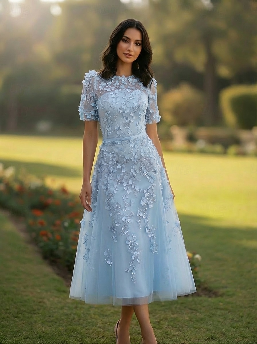 A-Line Tea Length Cocktail Dresses Elegant Vintage Floral Short Sleeve Crew Neck Wedding Formal Pink Dress Lace Tulle with Beaded Eembroidered Appliques 2026 - $205.89 –P4