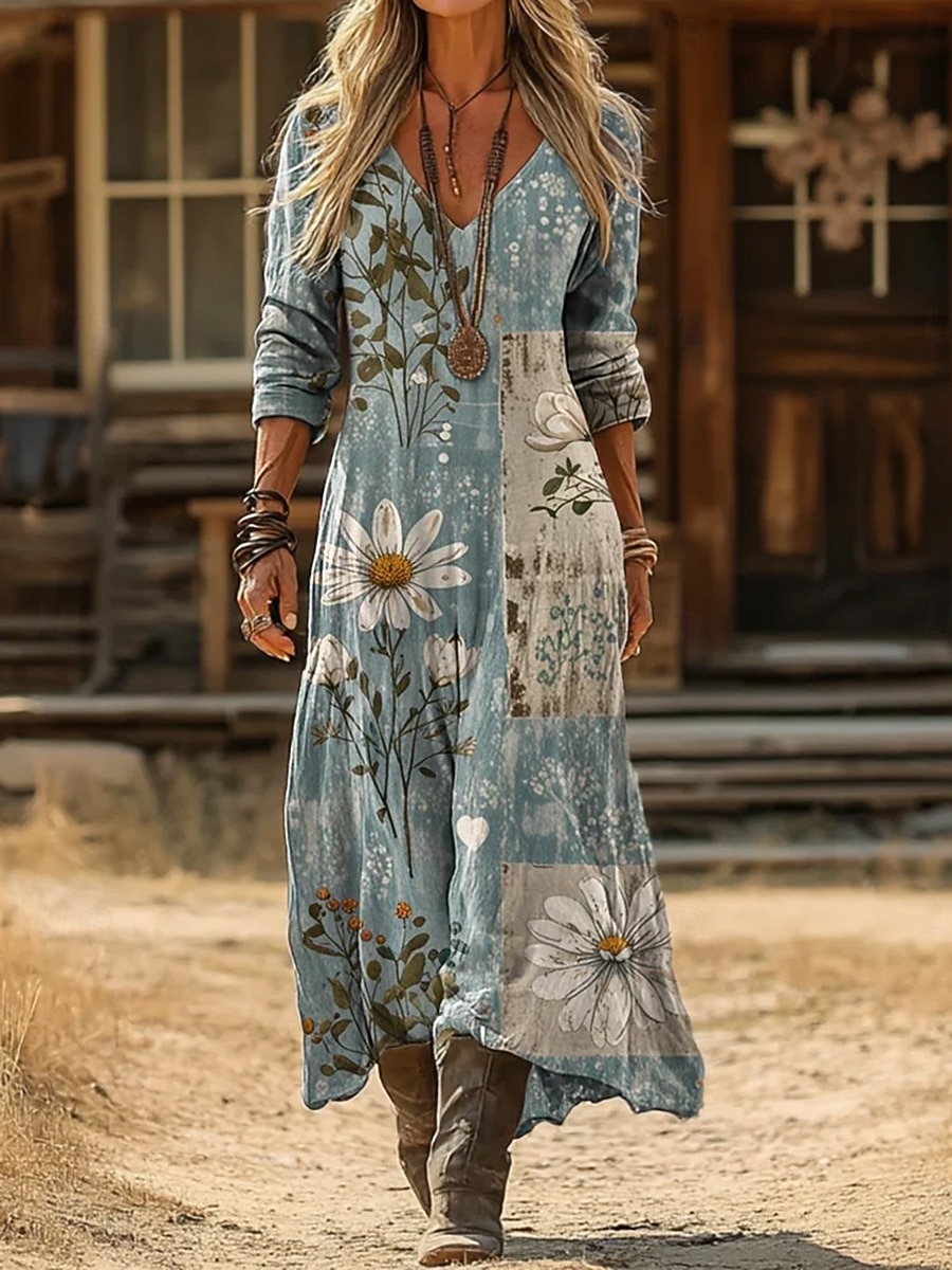 Per donna Abito maxi Abito Boho Abito Vintage Vestito Casual Vintage Quotidiano All'aperto Vacanza Vestibilità regolare Floreale Manica Lunga Scollo a V Blu Giallo Chiaro Verde chiaro Viola chiaro del 2026 a $37.99 –P1
