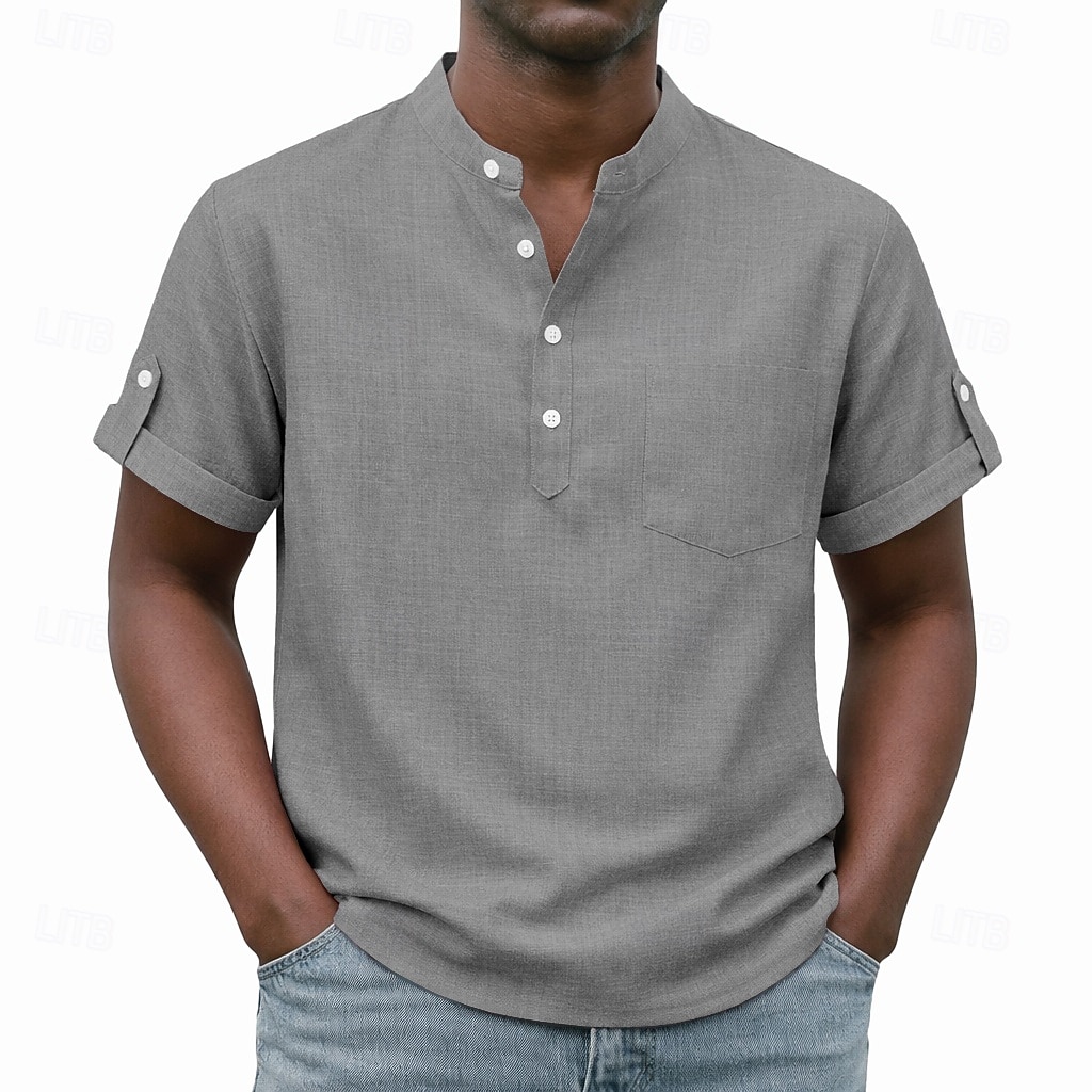 Men's Shirt Popover Shirt Casual Shirt Button Up Shirt Light Pink Black Yellow Light Green Pink Short Sleeve Plain Grandad Collar Casual Daily Clothing Apparel Elegant Fashion Casual 2026 - $26.99 –P7