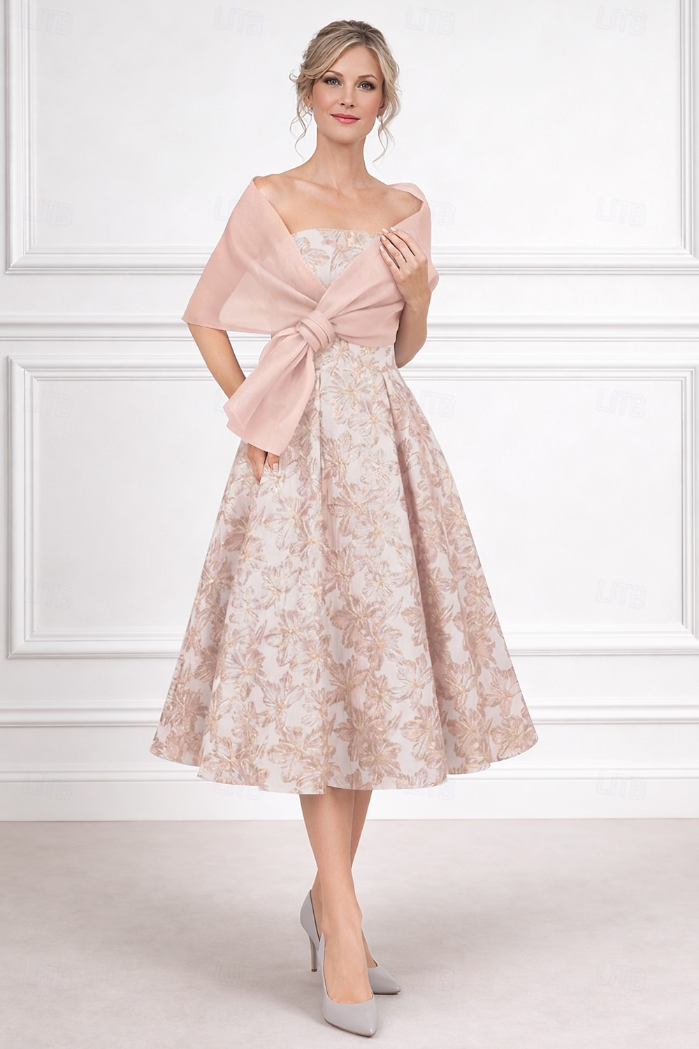 A-Linie Tee-Länge Kleid für Hochzeitsgäste Brautmutterkleid Ärmellos Trägerlos Elegant Einfach Minimalistisch Formell Cocktailparty Semi-Formal Jacquard Mit Schal mit Falten 2026 - $182.99 –P1