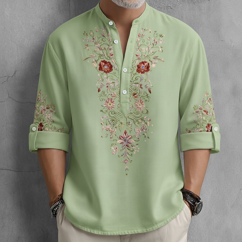 Bărbați Imprimeu floral Έθνικ Flori Cămașă Camașă cu nasturi Cămașă Henley Manșon Lung Vintage Retro Casual Vacanță Nuntă Vară Primăvară Guler mandarin Guler în picioare Imprimare 3D Cămașă de in 2026 - $27.99 –P3