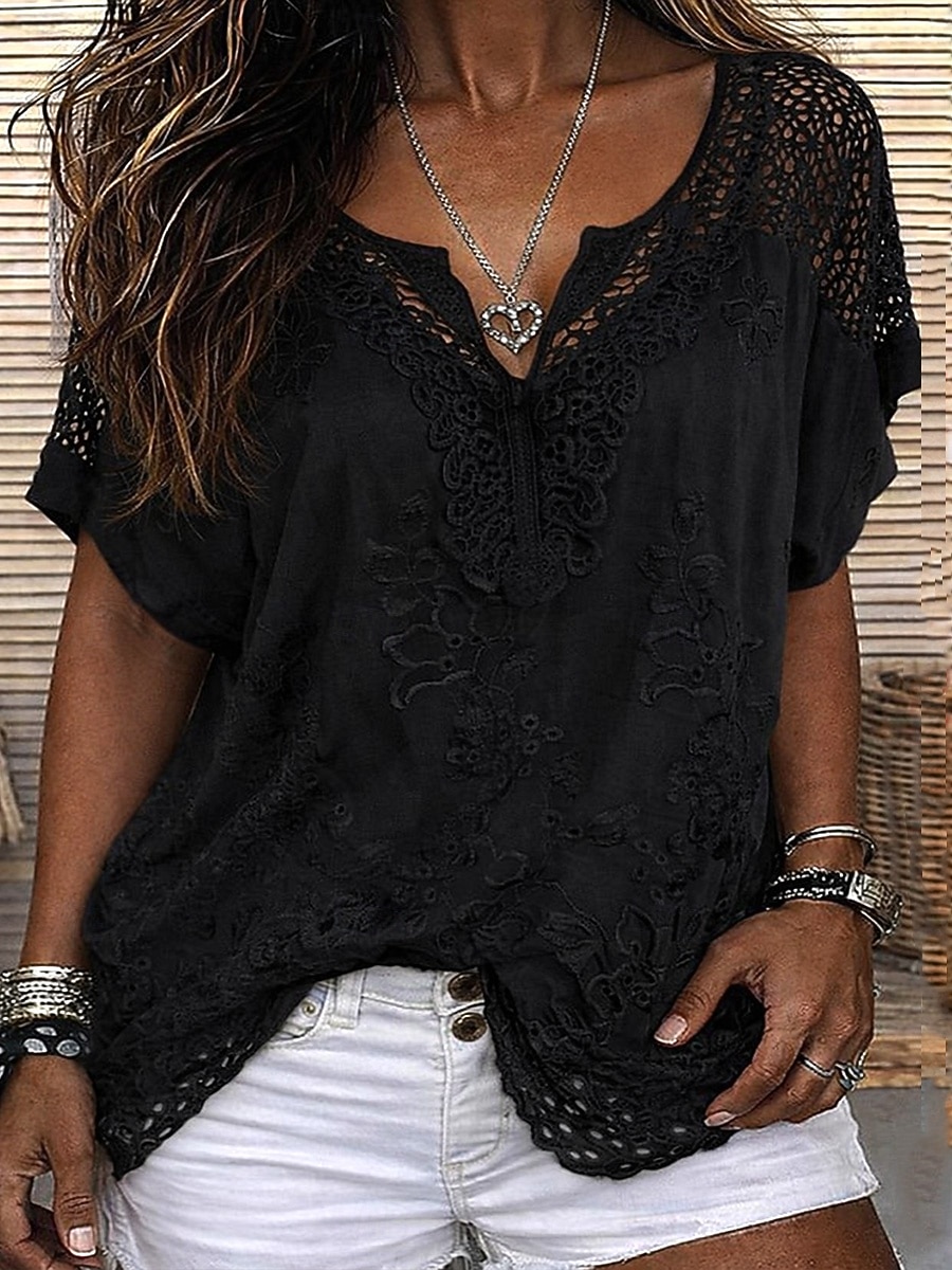 Dam Blus Spets Ensfärgat Stylish Ledigt Kortärmad V-hals Vanliga toppar Dagligen Blå Svart Vit Orange Grå Sommar Vår Höst 2026 - $9.99 –P8