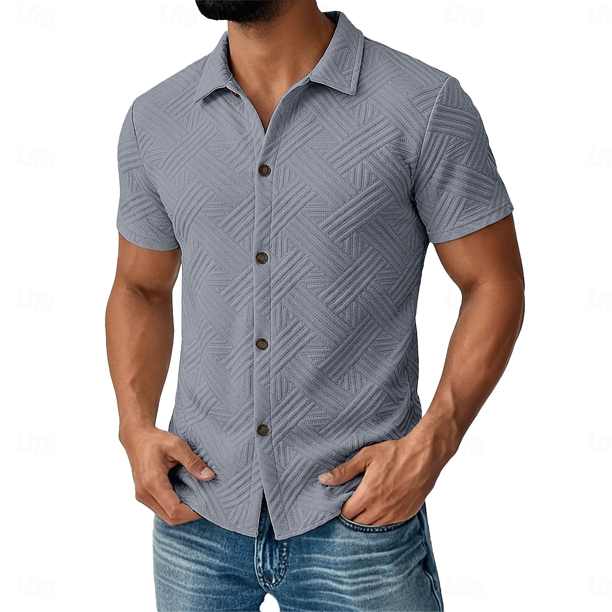 Męskie Koszula Codzienna koszula Zapinana na guziki koszula Koszula żakardowa Czarny Biały Morelowy Szary Jasnoniebieski Krótki rękaw Geometryczny Równina Klapa Codzienny Streetwear Żakard Odzież 2026 - $25.99 –P8