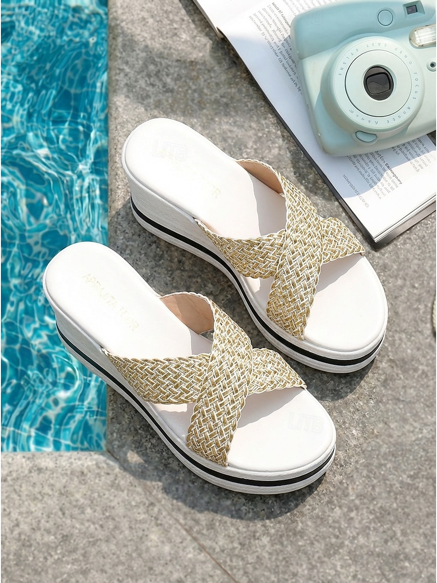 Women's Chic White Woven Wedge Sandals - Comfortable Criss-Cross Platform Slides for Luxury Hotel Poolside, Beach Resorts & Summer Vacation Outfits 2026 - $32.99 –P3