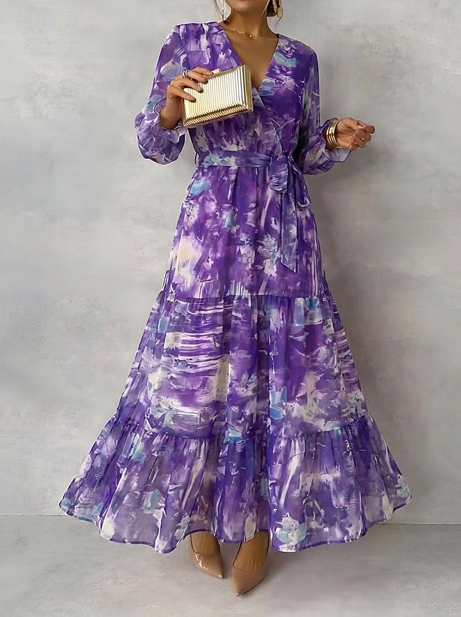 Damskie Długa sukienka sukienka maxi Sukienki szyfonowe Sukienka A line Elegancja Formalny Codzienny Impreza Gość weselny Regularny Kwiaty Długi rękaw W serek Fioletowy Fuksja Pomarańczowy Lato 2026 - $41.99 –P5