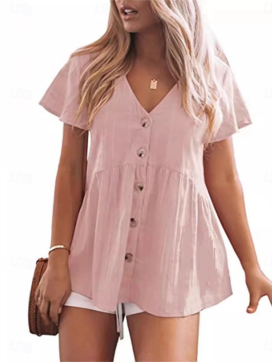 Damen Hemd Baumwolle Gerafft Patchwork Knöpfe Einfach Elegant Urlaub Stilvoll Kurzarm V Ausschnitt Normale Oberteile Täglich Strand Ferien Schwarz Hellgrün Rosa Rote Violett Sommer Frühling 2026 - $21.99 –P1