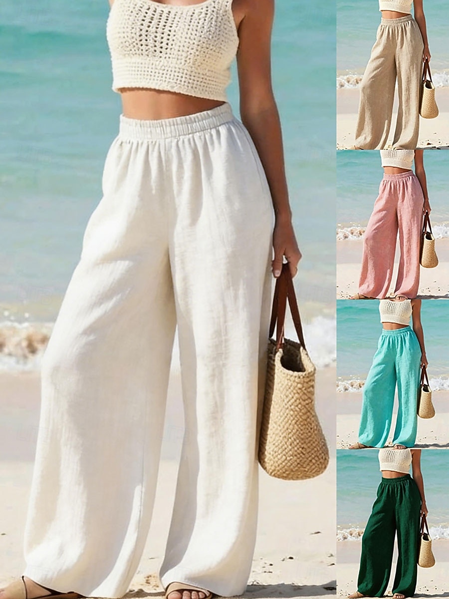 Femmes Pantalon effet lin Jambe large Chinos Pantalon d'été Vacances Streetwear Basique Longueur complète Taille moyenne Uni Avec Poches Taille Élastique Confortable Respirant Micro-Élastique de 2026 ? $21.99 –P1